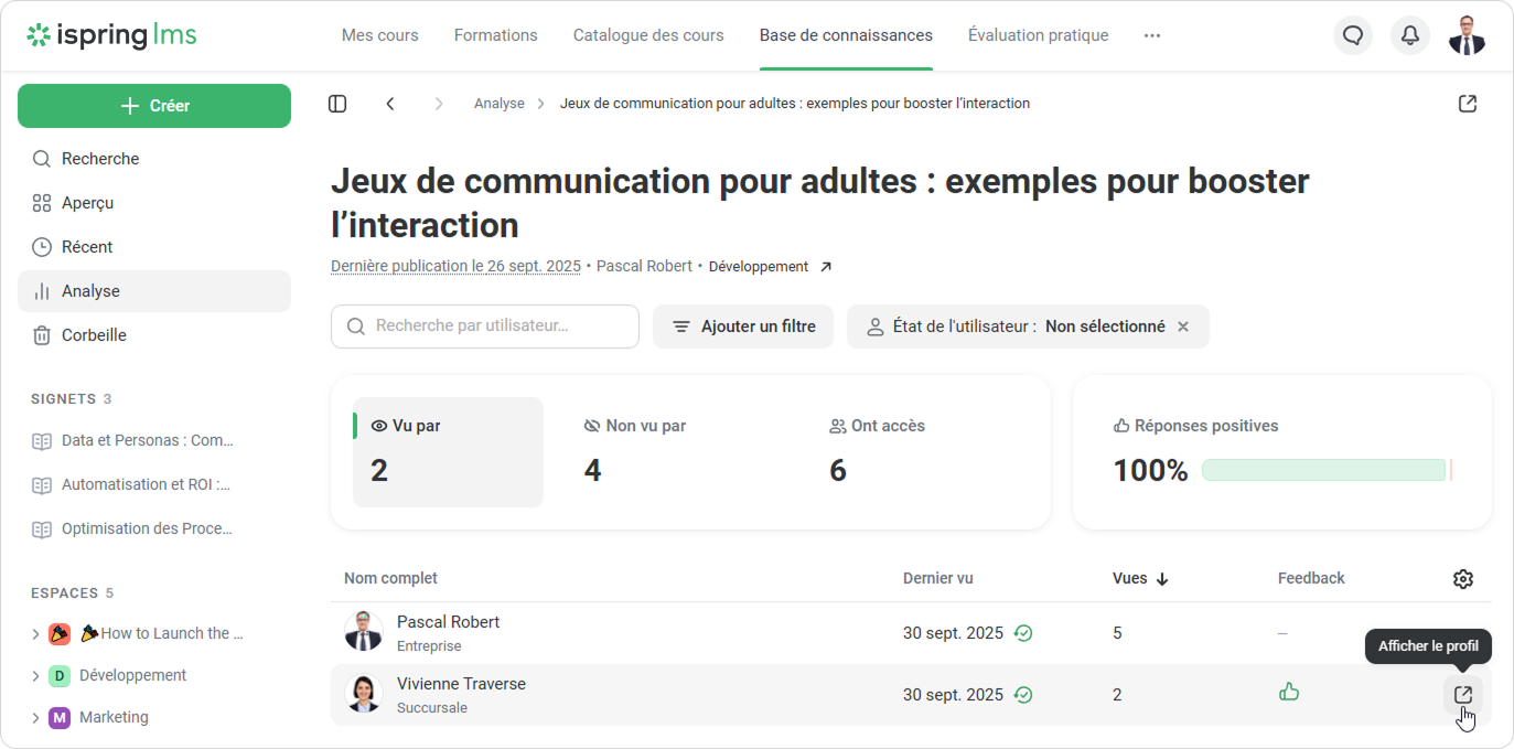 Suivi individuel par les managers Suivi individuel par les managers dans la dase de connaissances