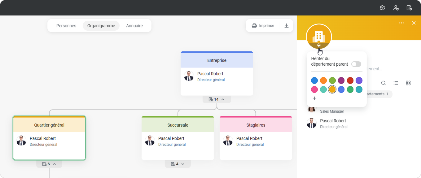 Personnaliser la couleur des services Personnaliser la couleur d'une structure organisationnelle