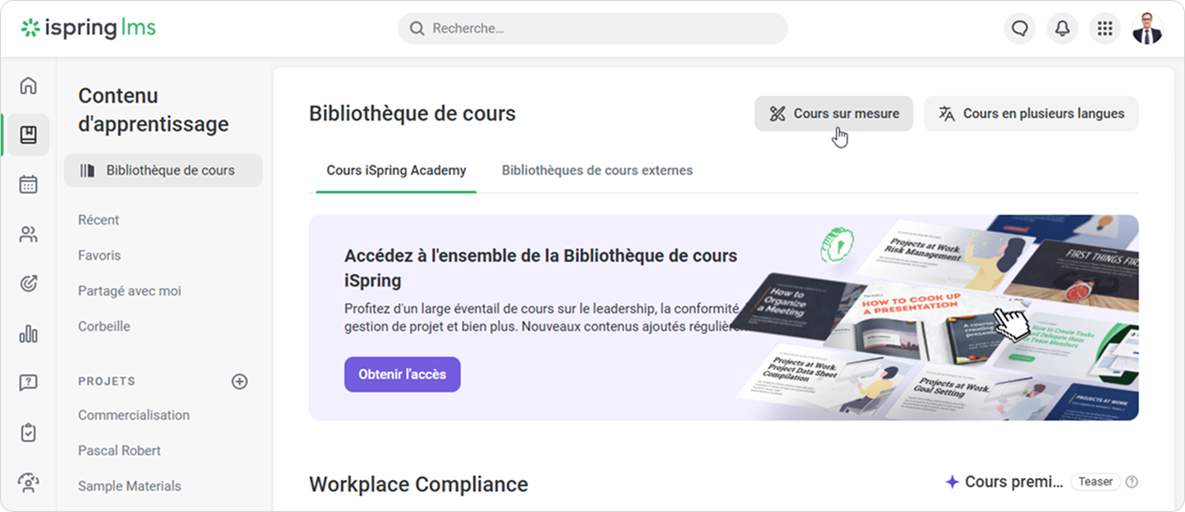 Bibliothèque de cours dans iSpring LMS Bibliothèque de cours peut être utilisée dans votre plan de formation