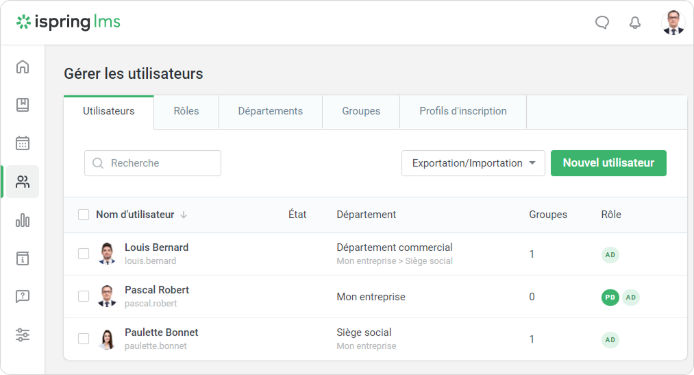 Gestion des utilisateurs dans iSpring LMS Gestion des utilisateurs dans un logiciel pour organisme de formation