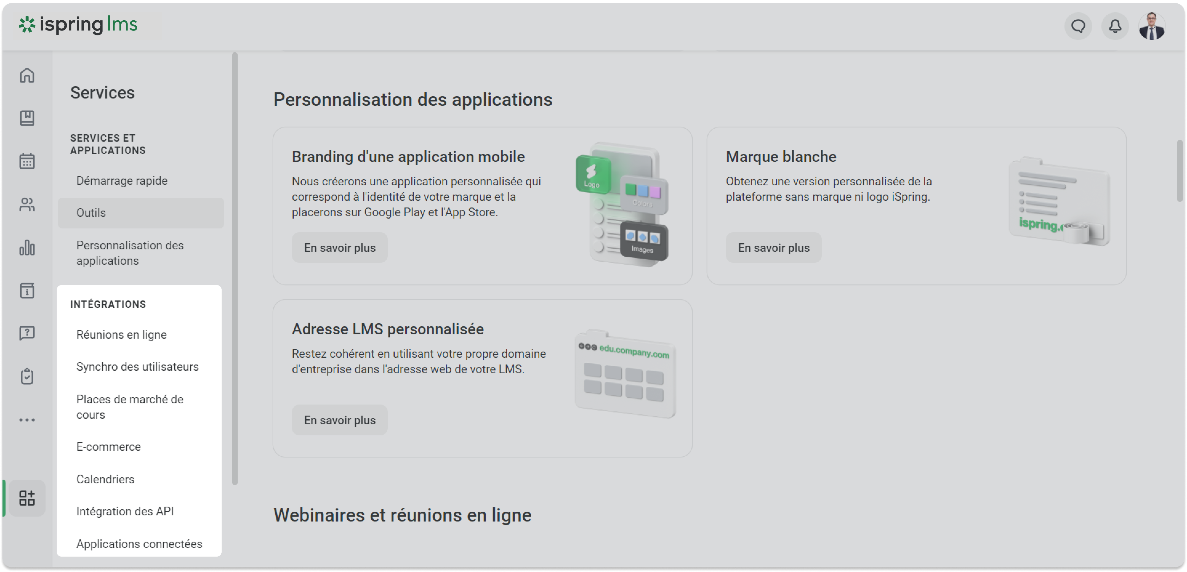 Intégrations d'iSpring LMS Intégrations dans le logiciel pour organisme de formation