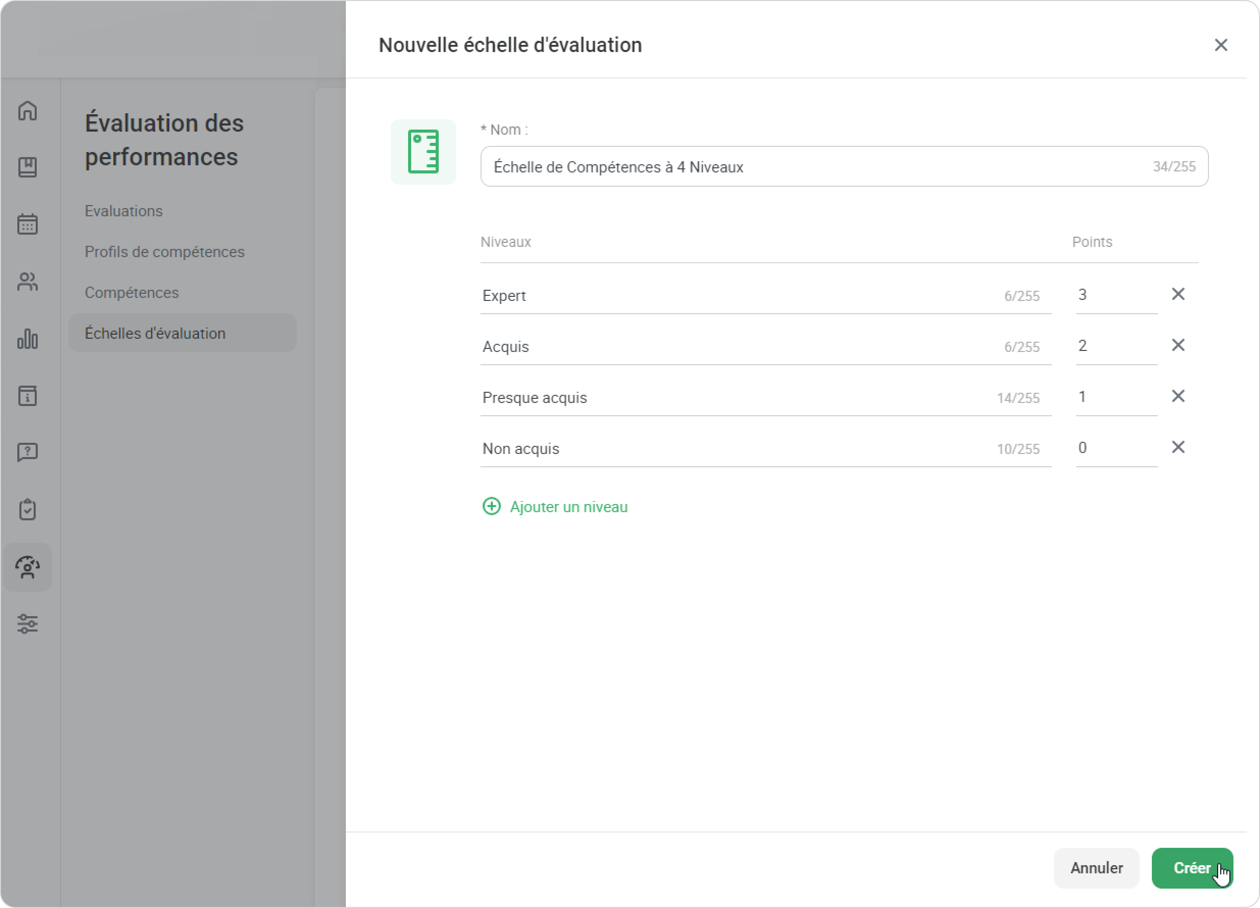 L'échelle dans le module Évaluation des performances d’iSpring LMS L'évaluation à 360 degrés avec l'échelle